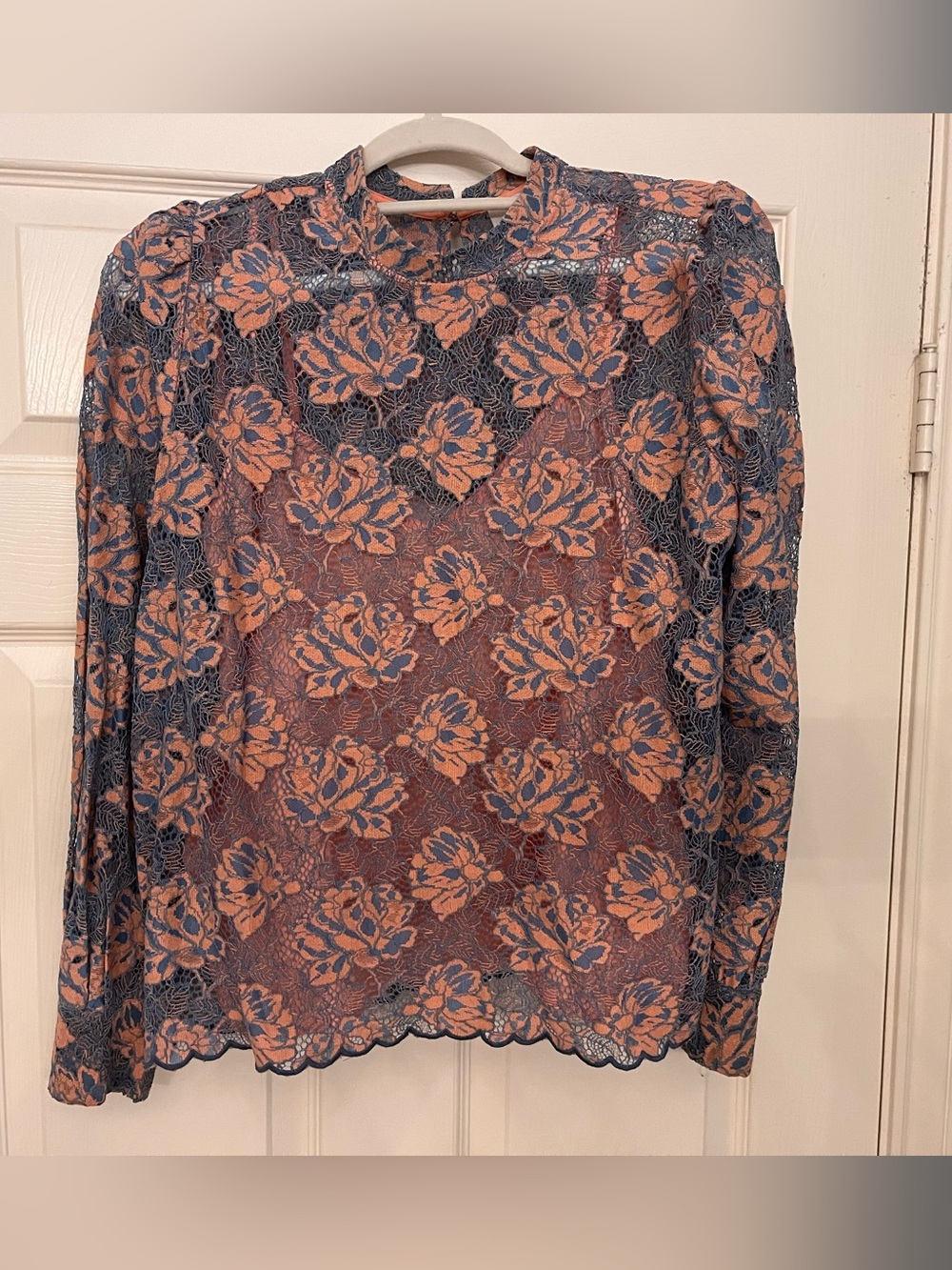 LOFT Peach Floral Lace Long-Sleeve Blouse with Blue Overlay